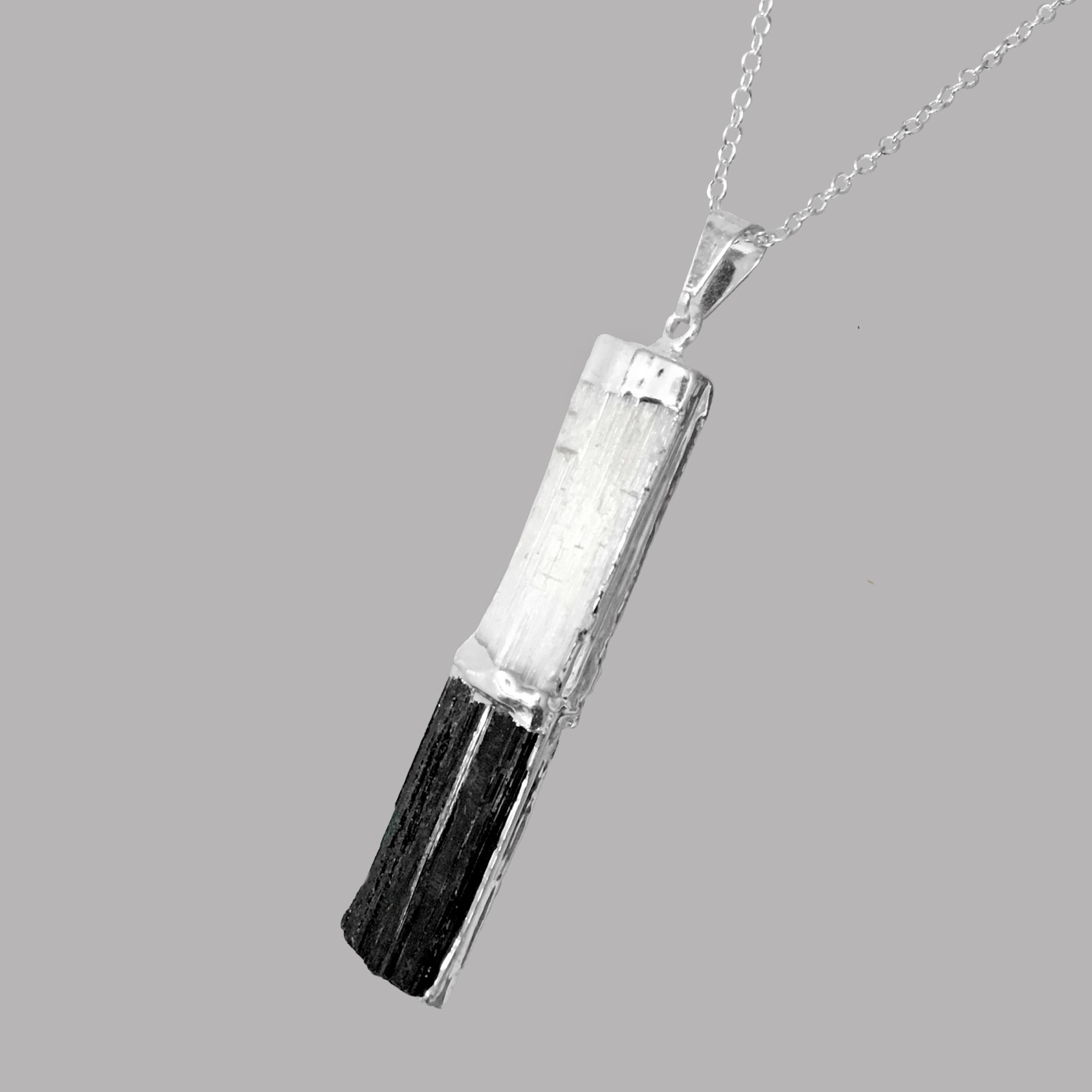 Black Tourmaline and Selenite Stacked Pendant Necklace Sterling Silver Chain Hea