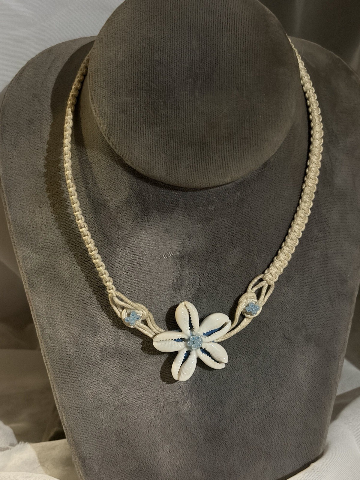 Handmade Macrame Shell Flower Necklace Coastal Beach Boho White Blue