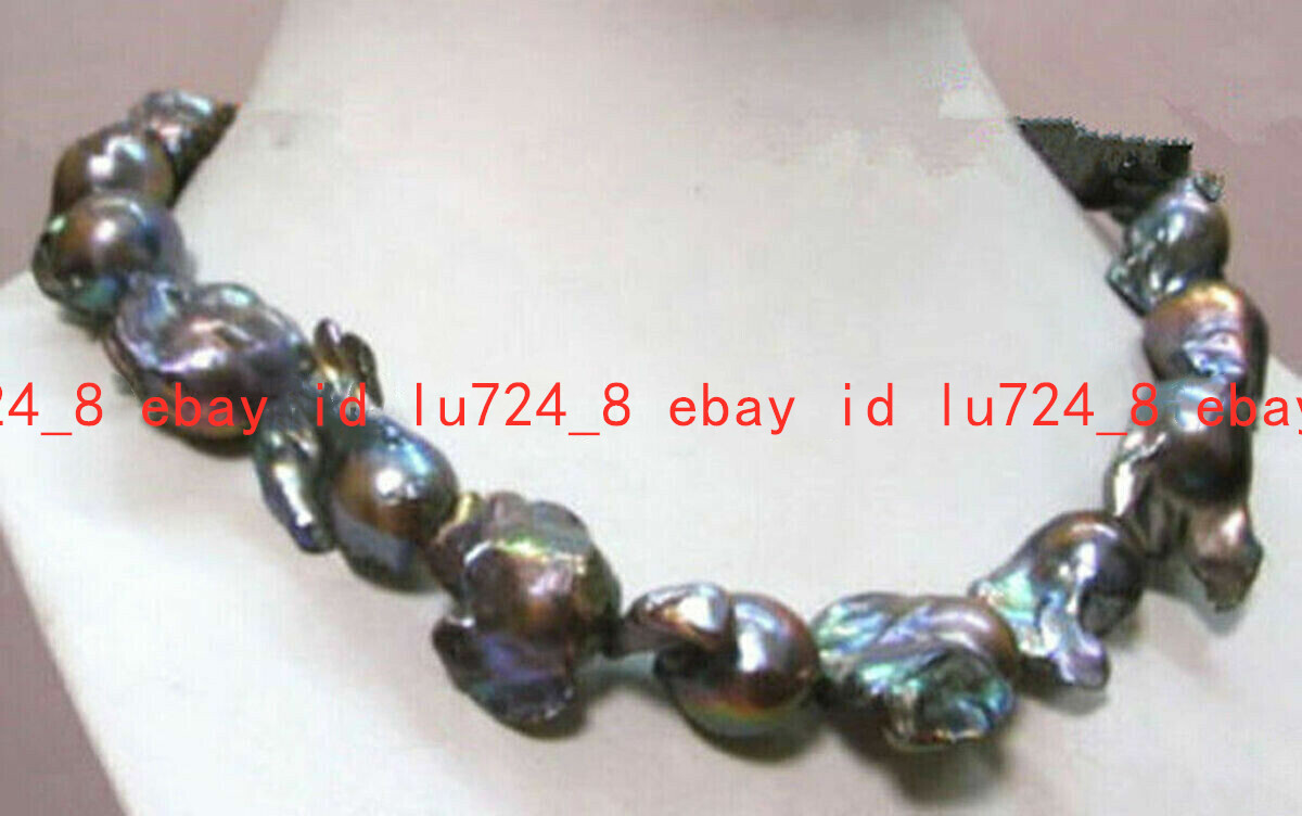 CLASSIC REAL HUGE SOUTH SEA NATURAL BAROQUE BLACK PEARL NECKLACE 16-36″