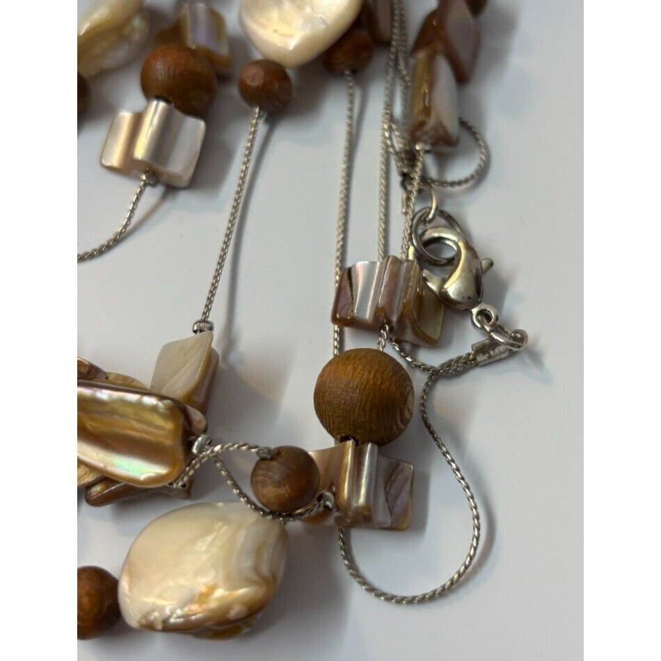 Long Statement Necklace Mother of Pearl Wood Beads Brown Artsy Boho Jewelry