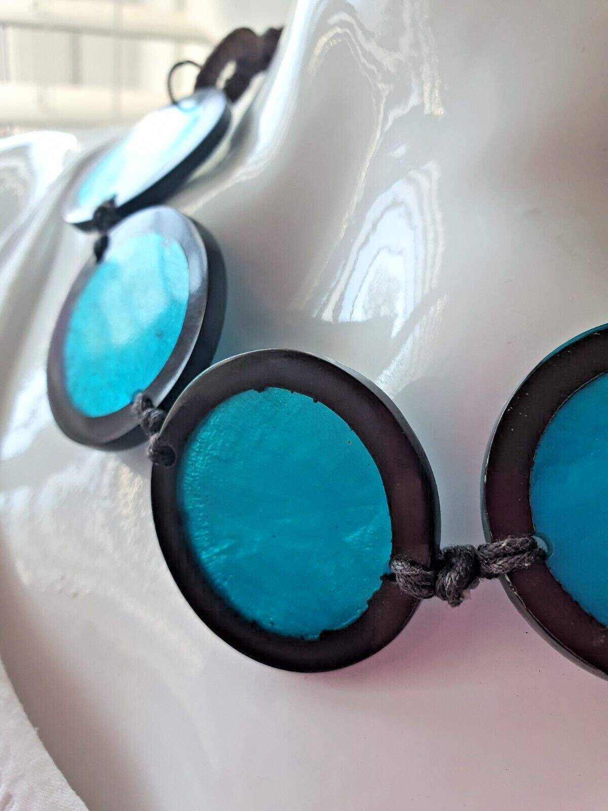 Artisan Studio Blue Dyed Shell Acrylic Disc Round None Metal Statement Necklace