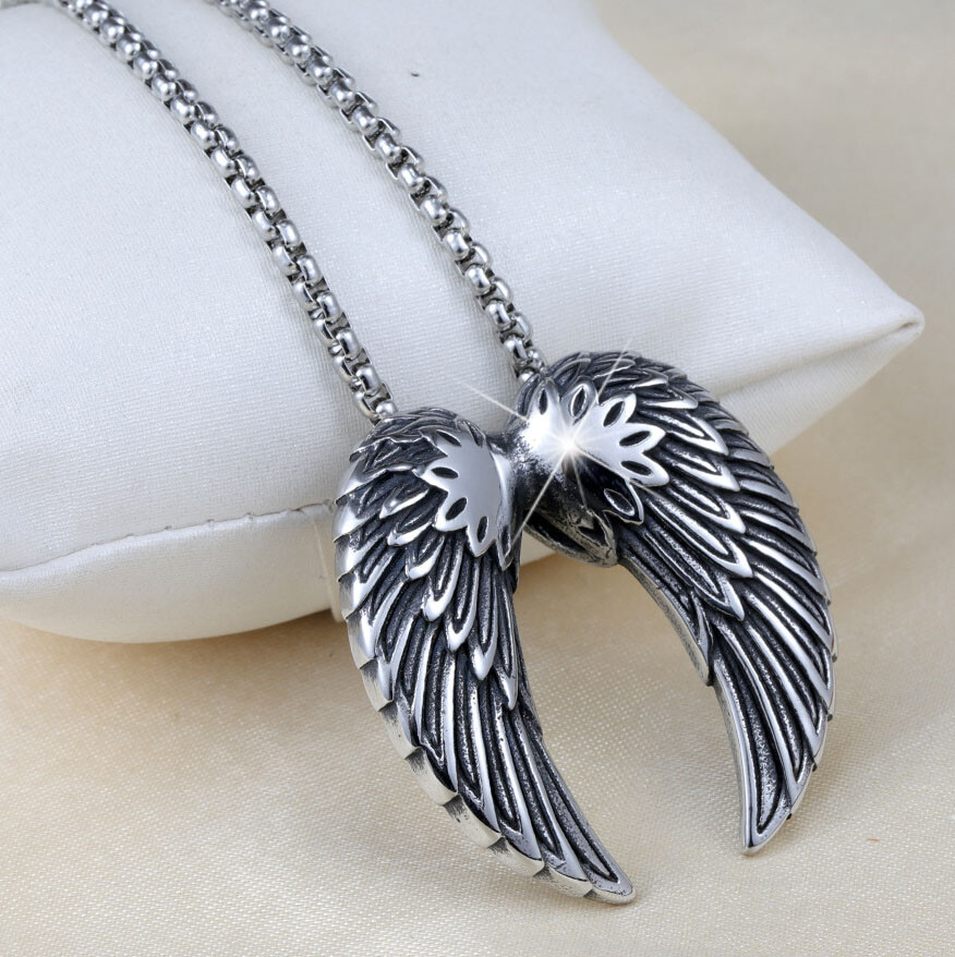 MENDEL Mens Stainless Steel St Saint Michael Angel Wings Pendant Necklace Men