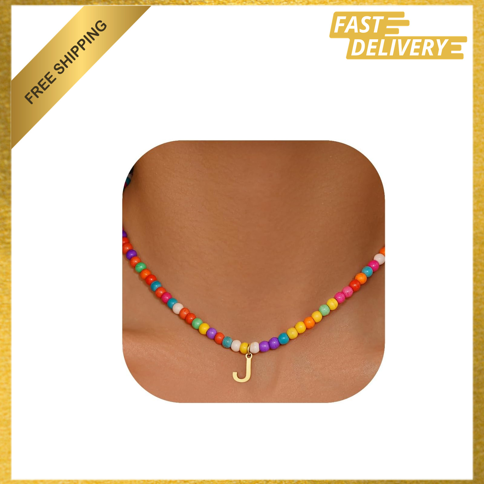 Colorful Initial Necklace for Girls Women Kids, Beaded Pendant, 16 Plus 2 Inch