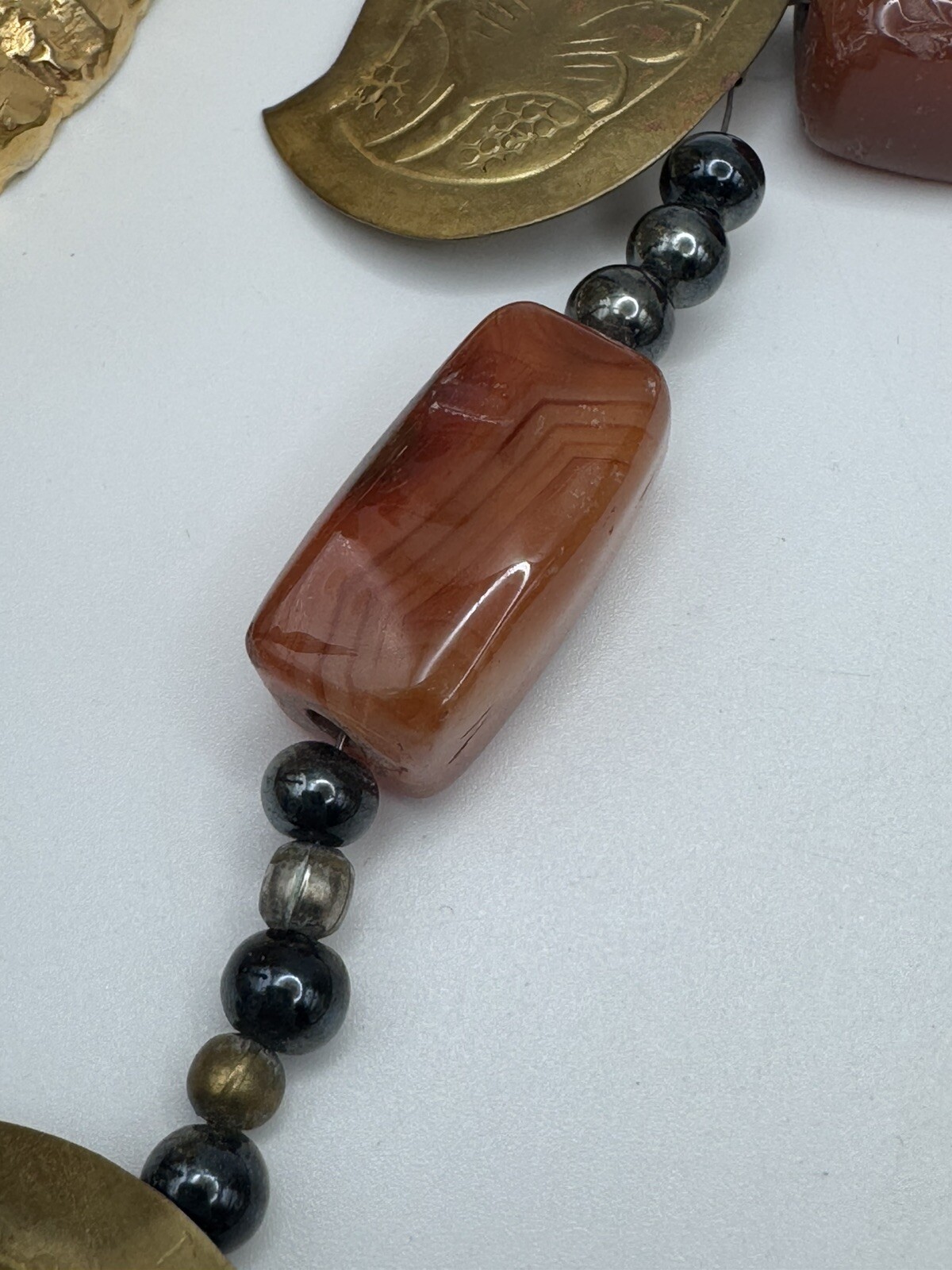 Vintage Boho Ethnic Mixed Metal Necklace Copper Brass Black Beads Statement 32”