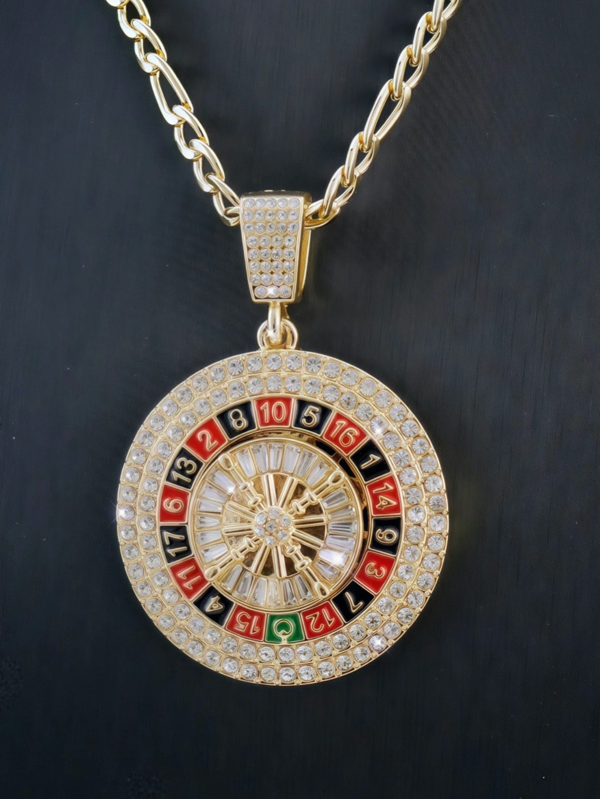 Gold Roulette Spinning Center /Casino Poker Cards Pendant Necklace Cuban Chain