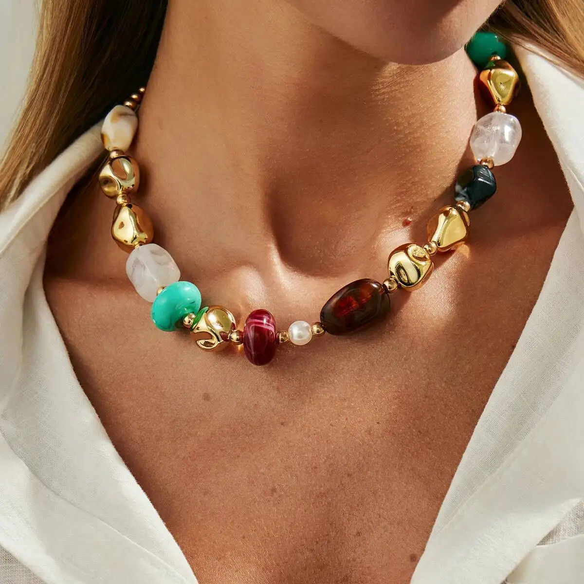 Colorful Acrylic Resin Beaded Necklace Geometric Link Chain Women Jewelry