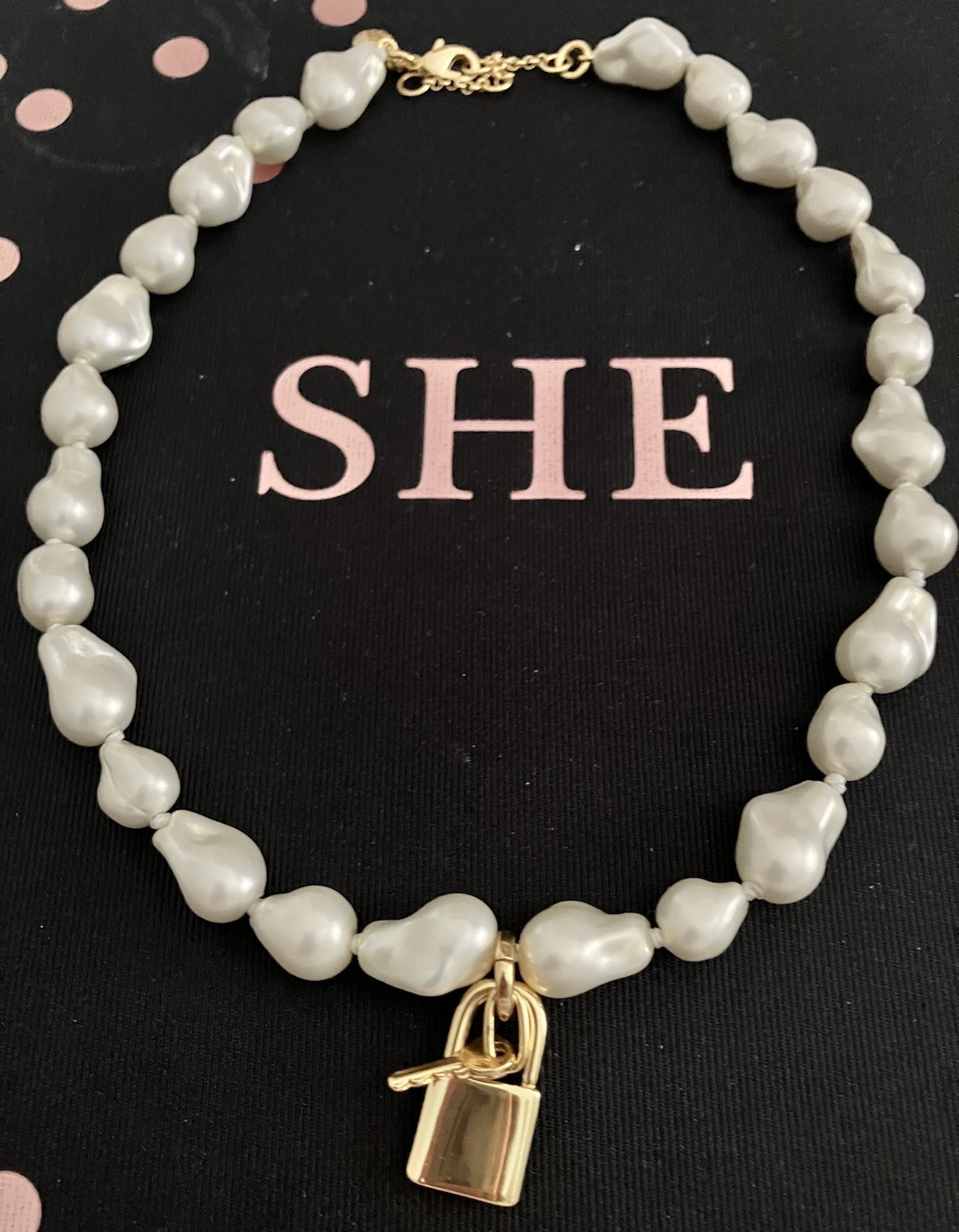NWT J Crew White Baroque Pearl Beaded Necklace Gold Tone Padlock Key Charm