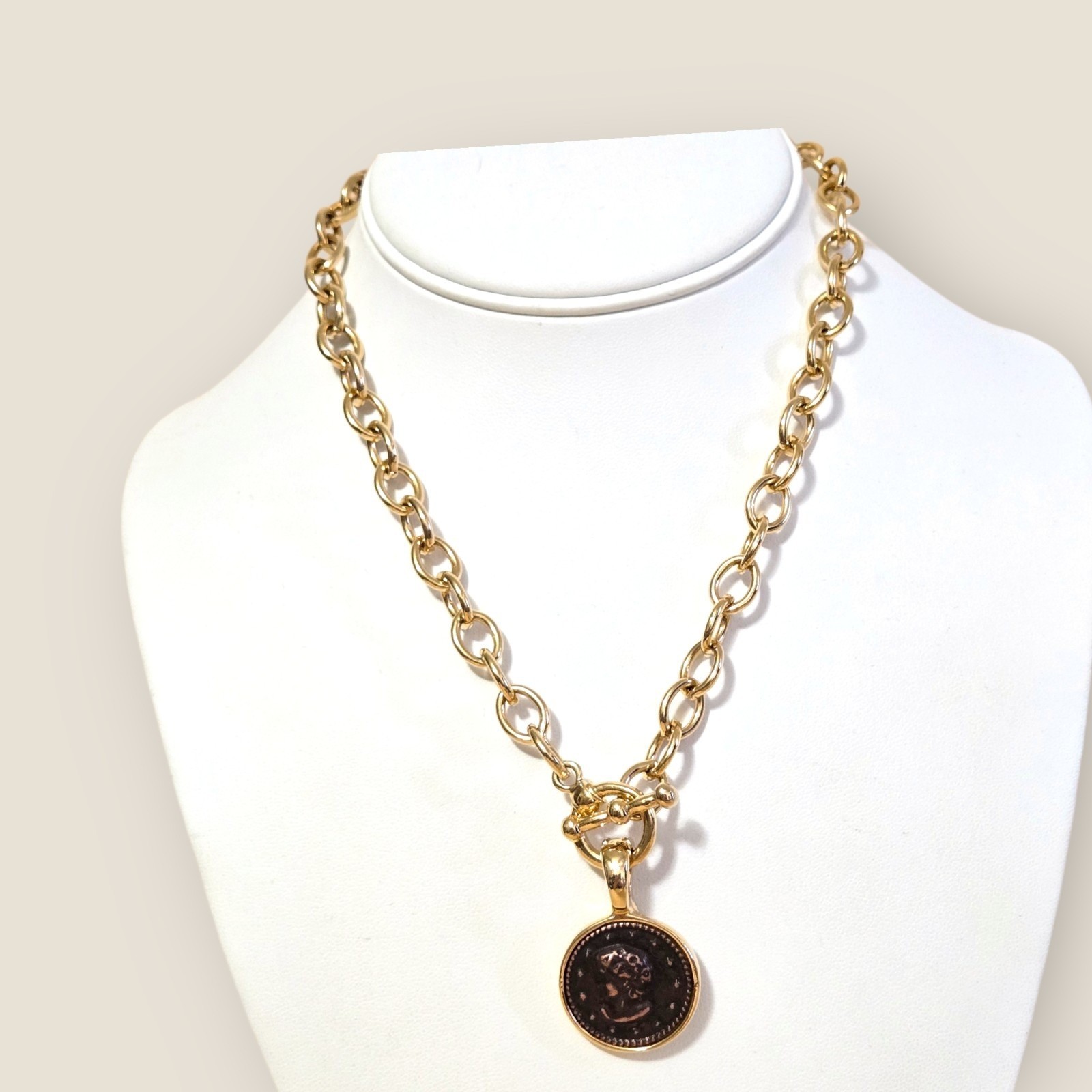 Gold Plated Toggle Necklace 17″ & Bronze Coin Enhancer Pendant & Coin Earrings