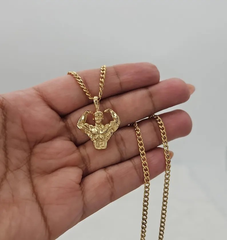Gold Weight Lifter Necklace: 14K Gold Plated, 3mm Curb Chain for men