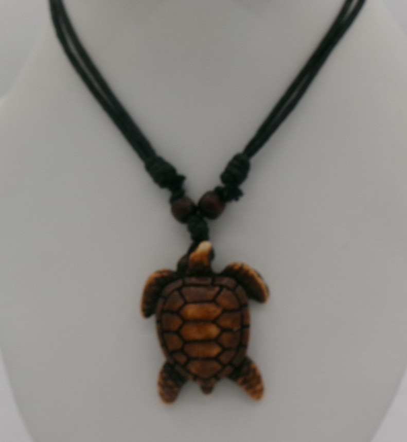 Brown Resin Acrylic Sea Turtle Carved Pendant Tribal Exotic Necklace Fabric Cord