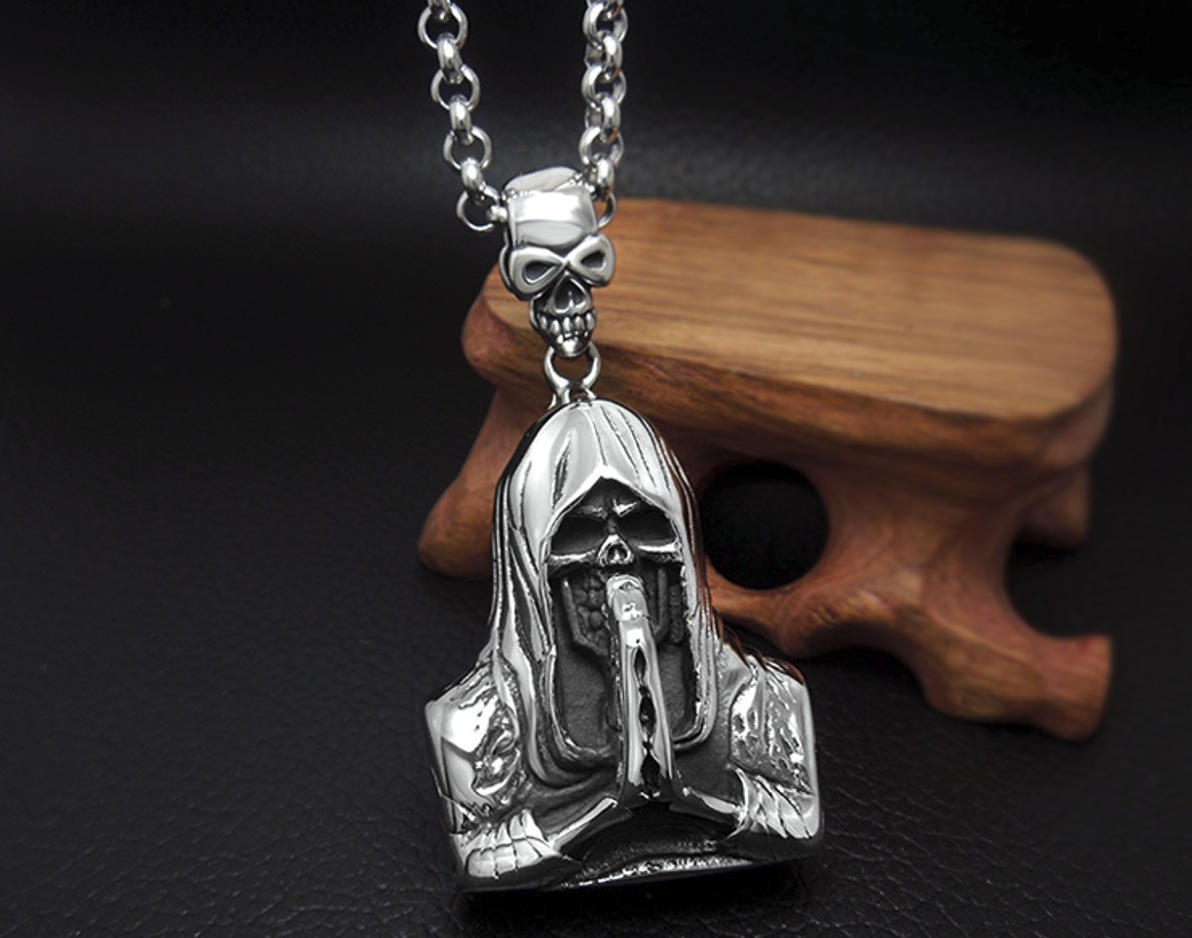 Stainless Steel Grim Reaper Skull Pendant Gothic Biker Silver Necklace Charm