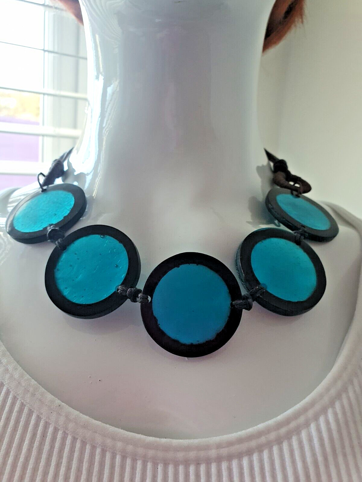 Artisan Studio Blue Dyed Shell Acrylic Disc Round None Metal Statement Necklace