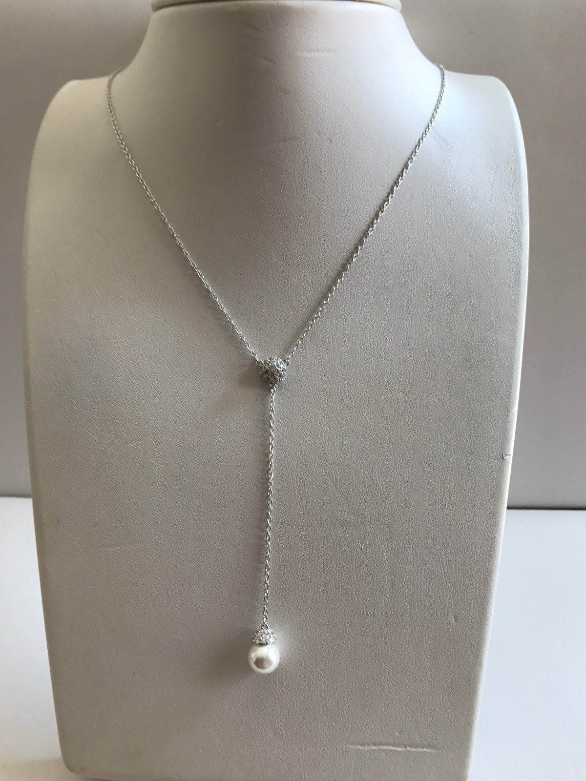 DROP PEARL NECKLACE PENDANT W/ LAB ACCENTS & PEARL / 925 STERLING SILVER