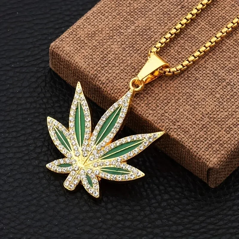 Trendy Rhinestone Studded Weed Leaf Pendant Necklace, Jewelry Gold