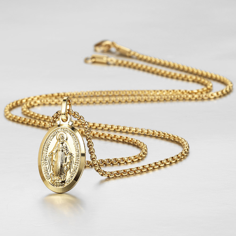 16″-24″ Gold Plated Oval Virgin Mary Charm Pendant Necklace Multi Chain Unisex