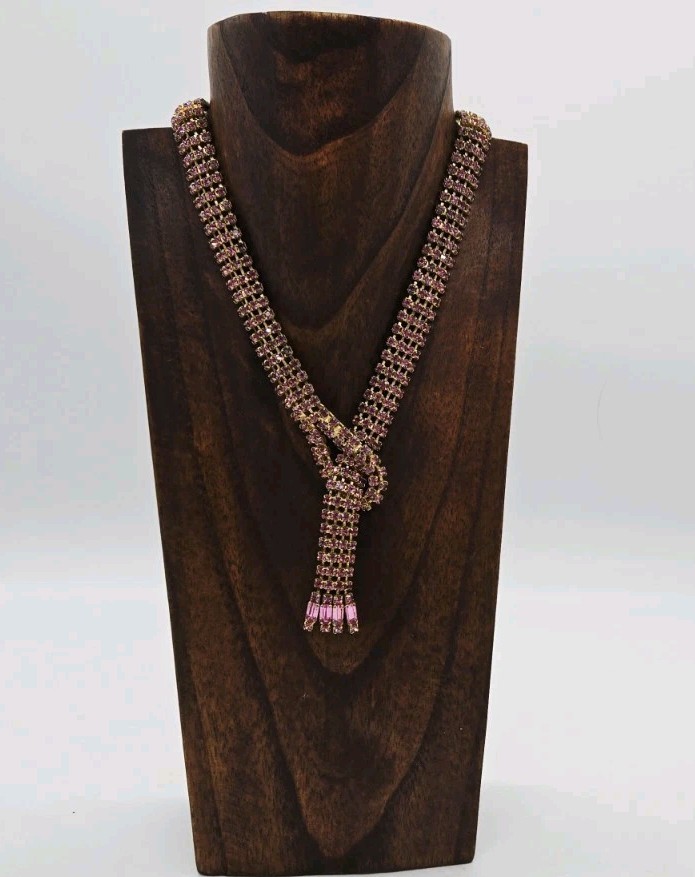 Pink Crystal Knot Lariat Necklace Y drop Gold tone Art Deco Vintage Rare