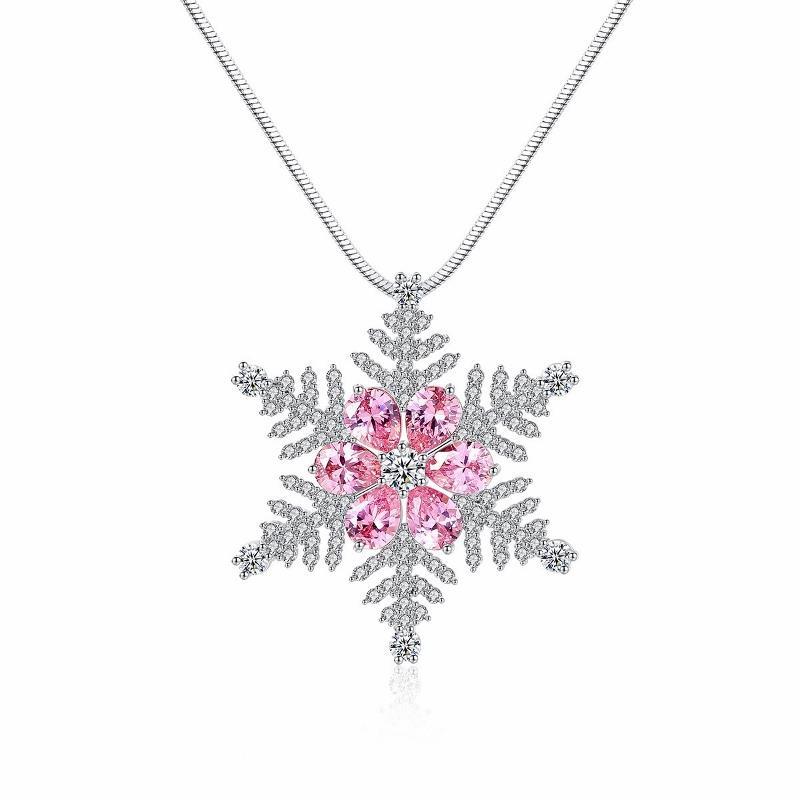 Shiny Silver Sparkling Pink & Clear CZ Large Snowflake Pendant 25″ Long Necklace