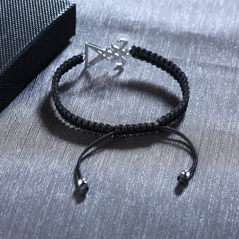 Braided Rope Men Bracelet Cuff Satanic Sigil of Lucifer Inverted Crucifix Cross