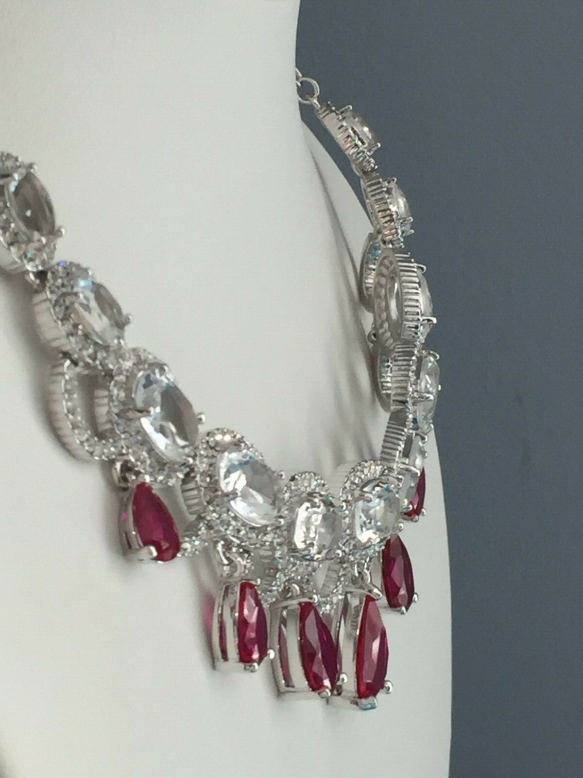 Marilyn Monroe Red & Clear Crystal Necklace Silvertone Plated Brass 17 + 2″