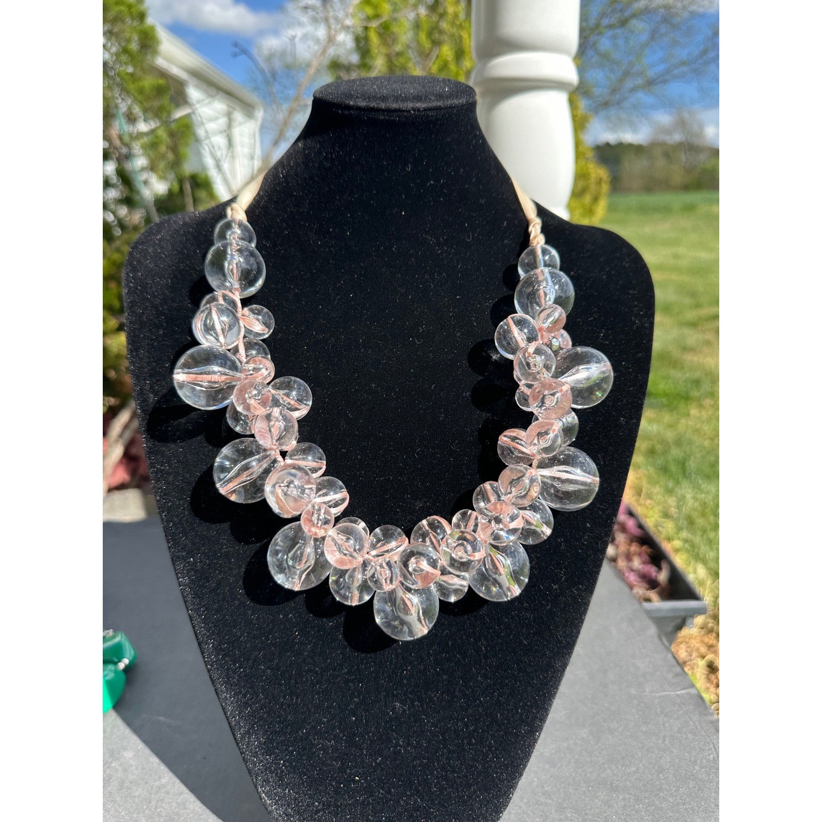 Avenue Women Clear Pink Bubble Bead Statement Necklace Ribbon Strap Gold Tone