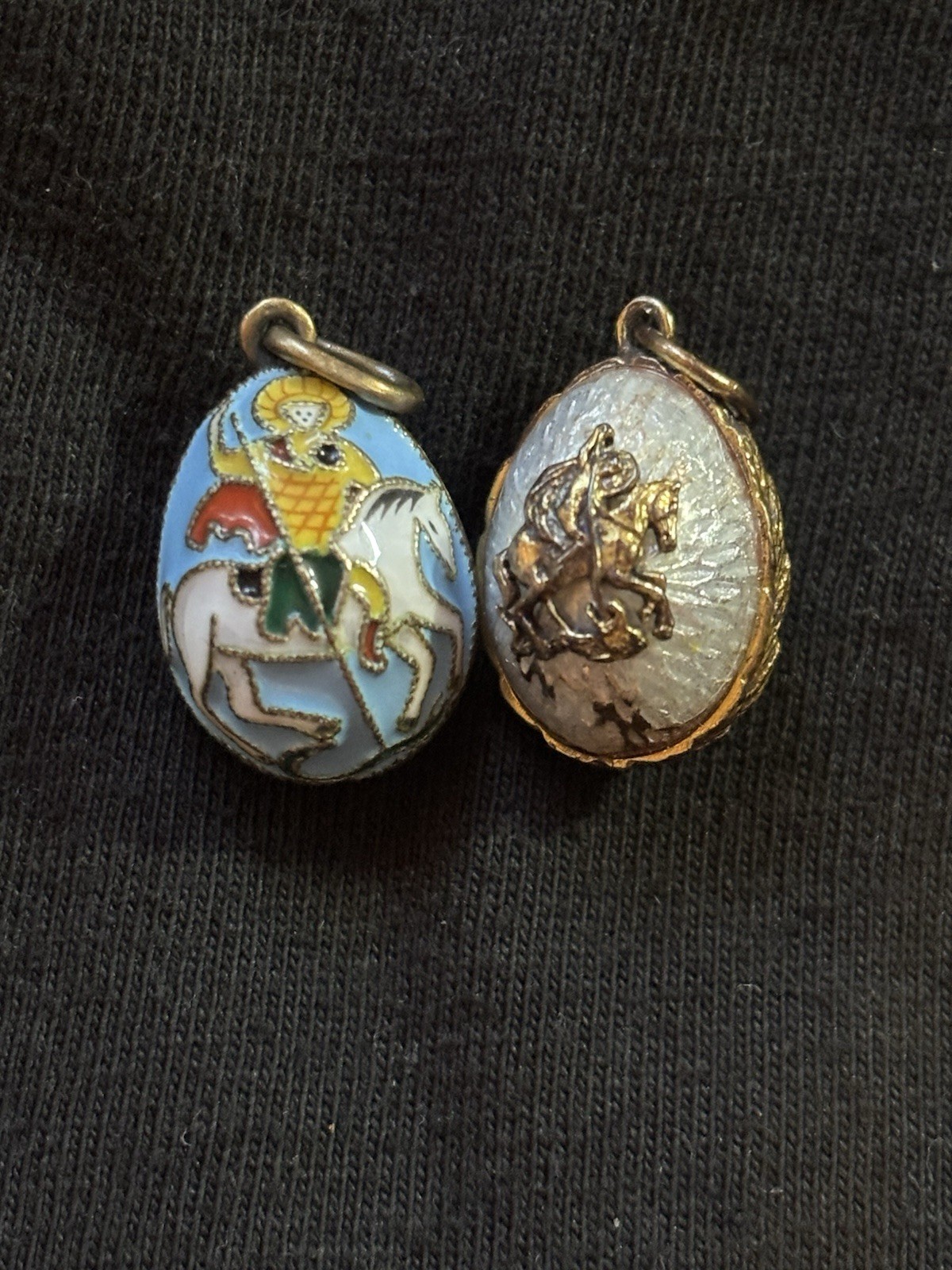 Gold Tone Oval Religious Enamel Pendant Charm Blue White Bezel Double Sided