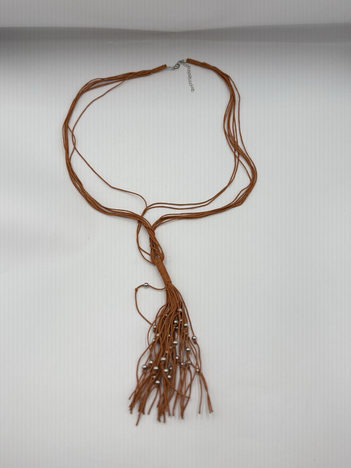 Boho Brown Multi Strand Tassel Lariat Necklace Silver Tone Beads