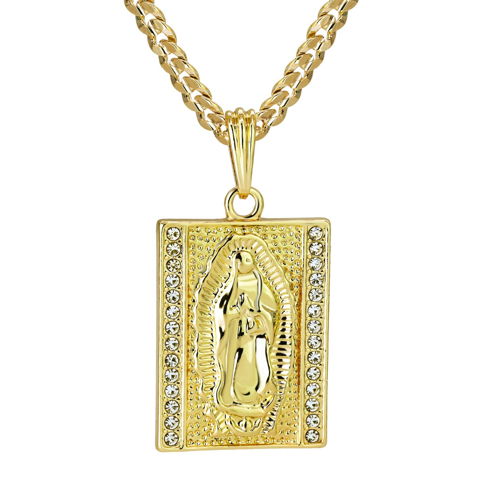 Virgin Mary Pendant 24″ Cuban Chain 14k Gold Plated Square Cubic Zirconia HipHop