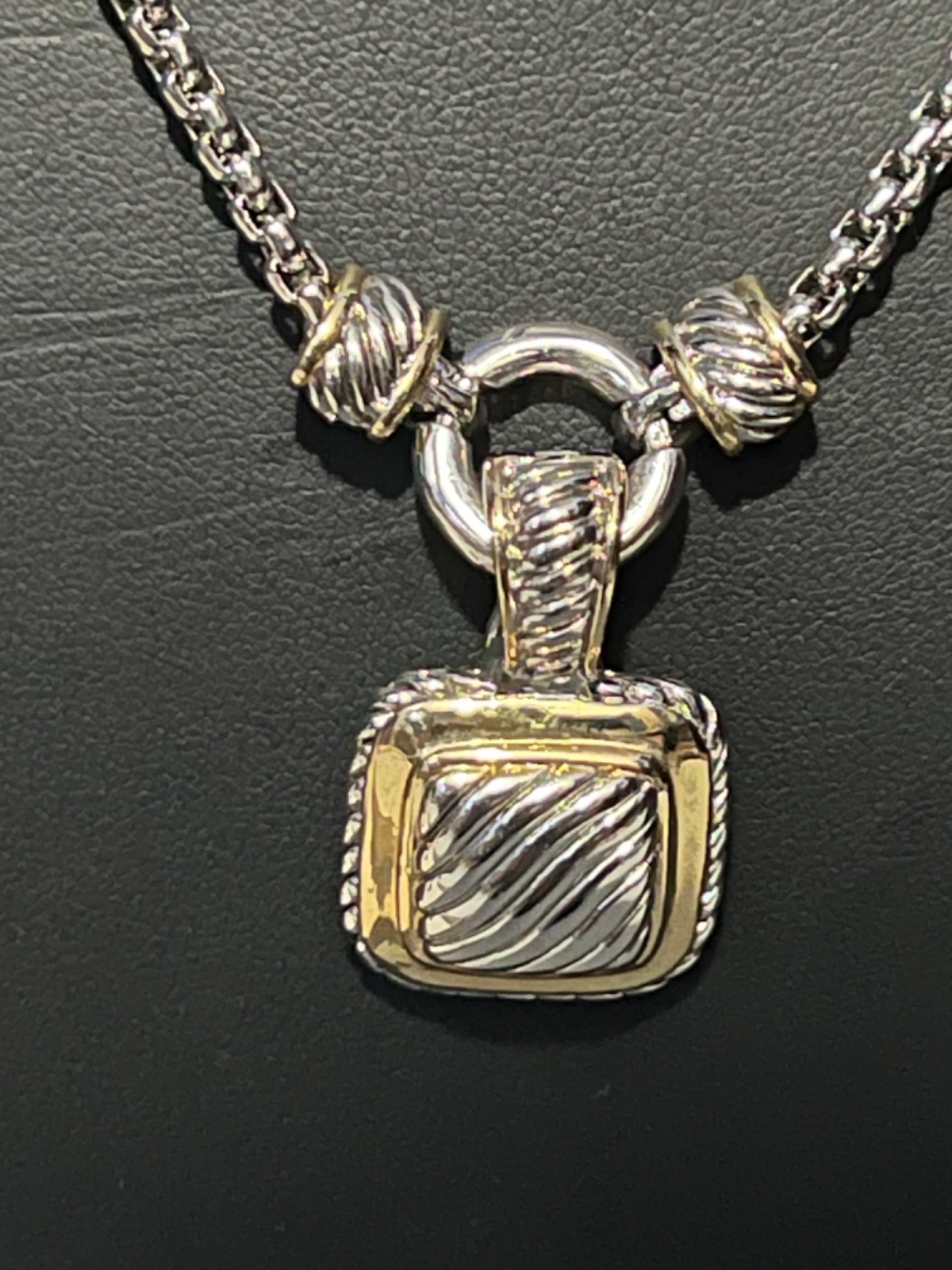 Silver and Gold-tone Chunky Square Pendant on Rolo Chain Necklace w/ Earrings