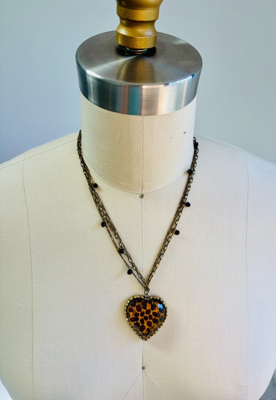Vintage Betsey Johnson Multi-Chain Leopard Heart Pendant Necklace Y2K Whimsygoth