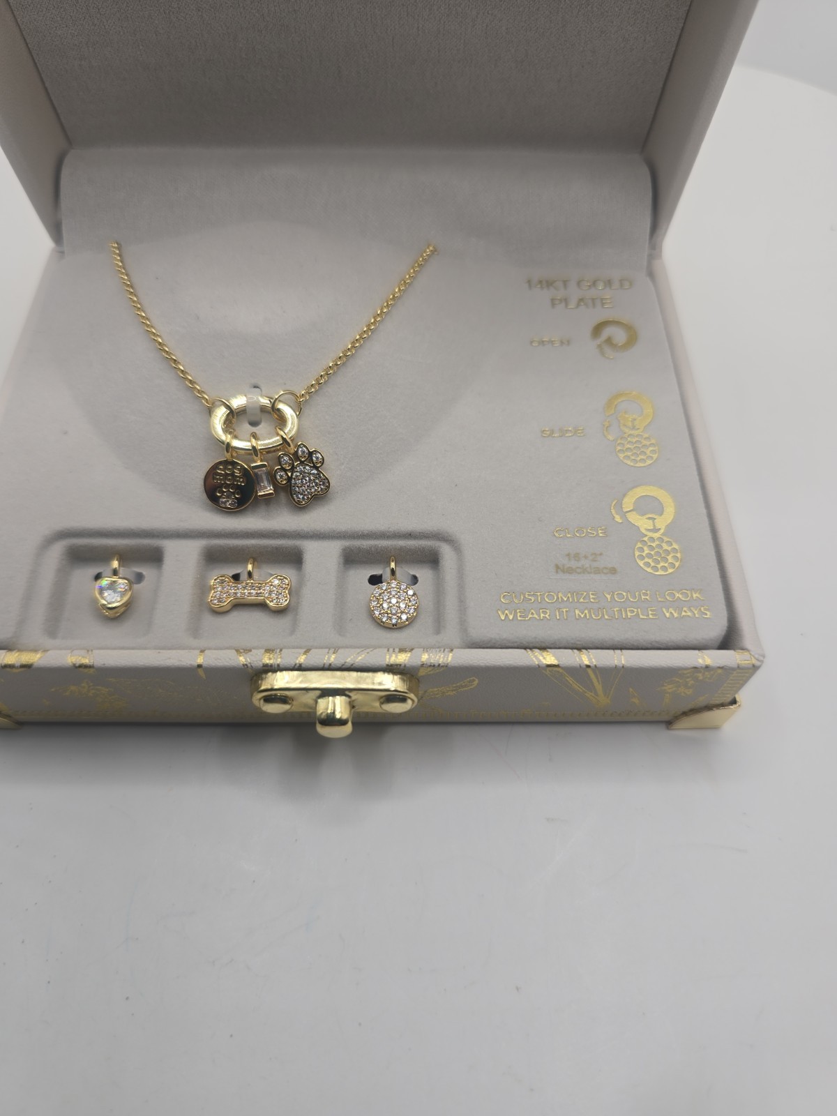 Charm Bar 14K- GP Customizable DOG Necklace Set 6 Charms NEW With Trunk Box