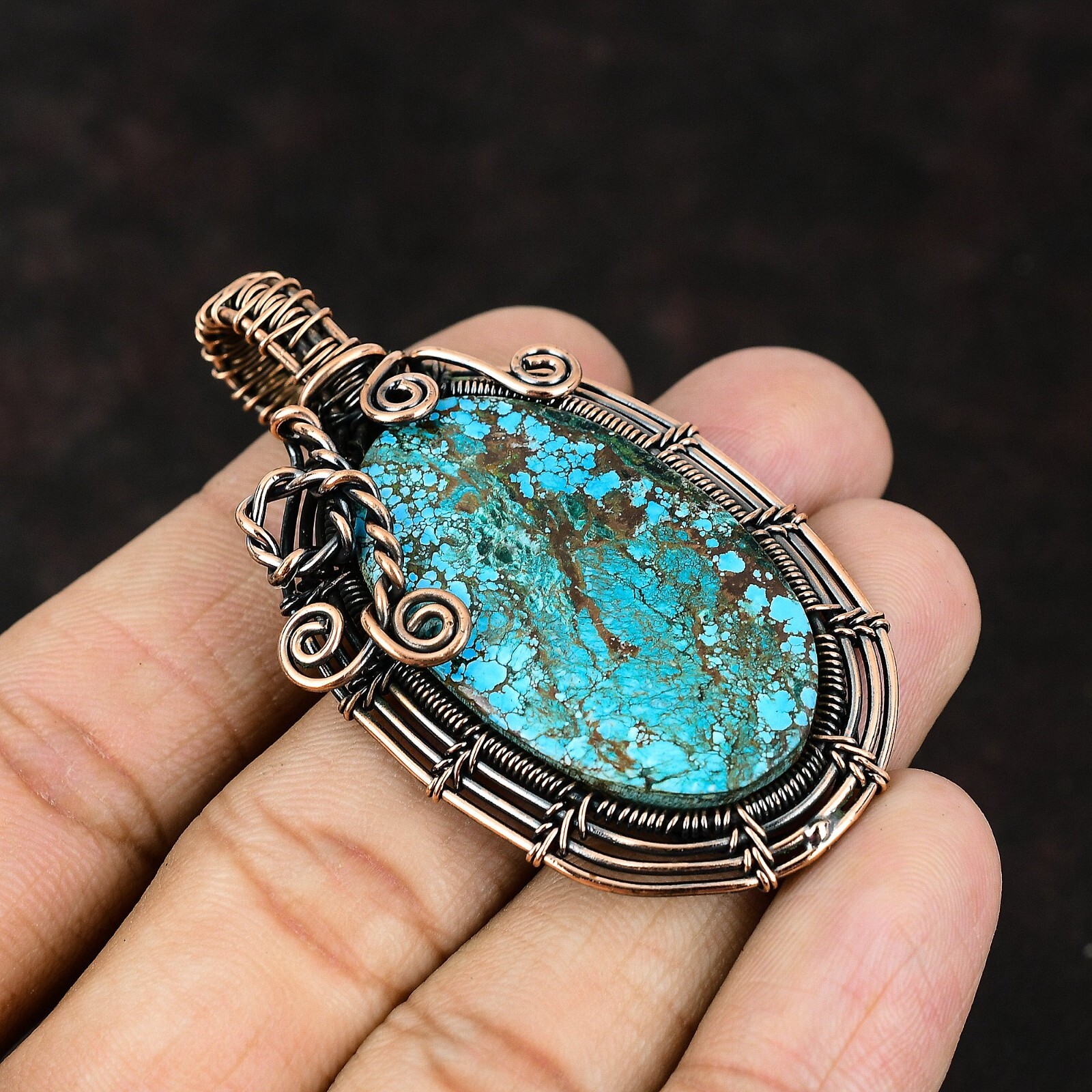 Tibetan Turquoise Jewelry Copper Gift For Love Wire Wrapped Pendant 2.48″