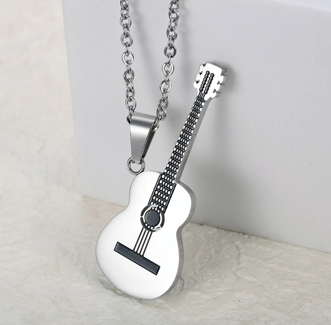 Silver Acoustic Guitar Pendant Chain Necklace Stainless Steel music rock Dad