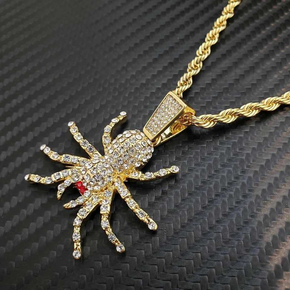 Iced Spider Pendant Necklace Gold Tone 24in Rope Chain Hip Hop CZ Unisex