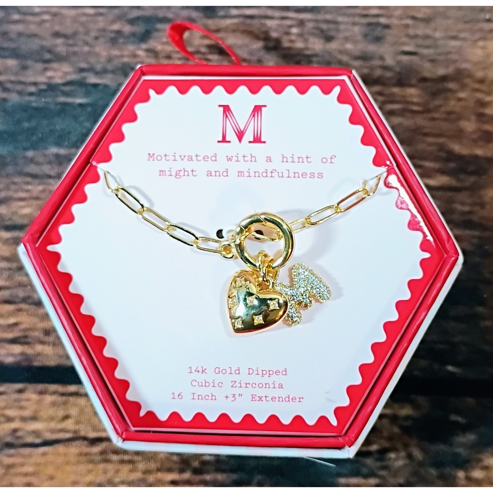 A New Day 14k Gold Dipped Initial M Heart Necklace Cubic Zirconia NIB 16-19in