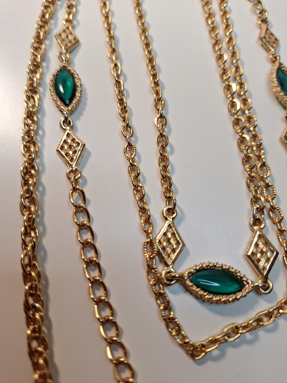 Goldtone Necklace With Multiple Layered Chains & Marquise-cut Green Gemstones