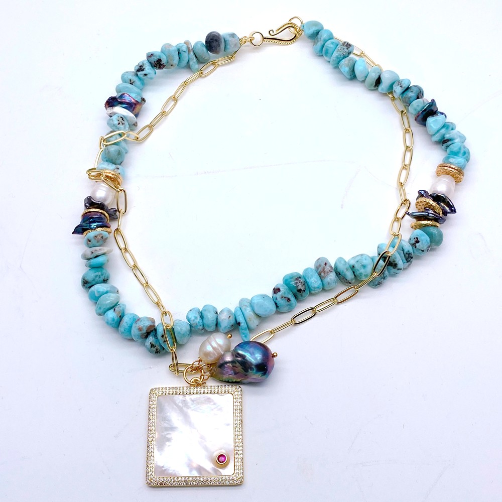 Blue Larimar Chain Choker Necklace White Sea Shell Black Baroque Pearl Pendant