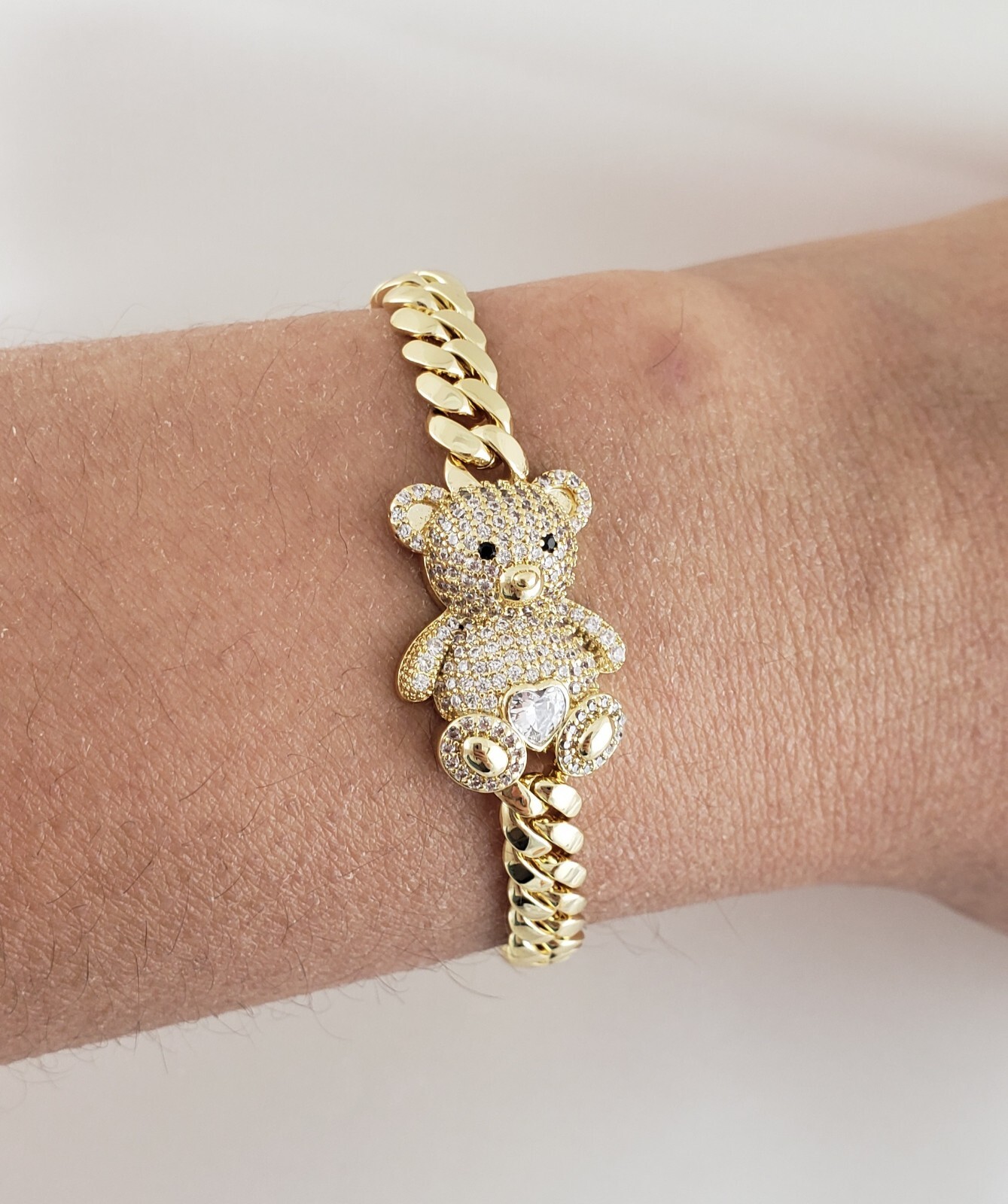 14K Gold Plated Cz Bear Cuban Choker Chain Necklace And Bracelet Set