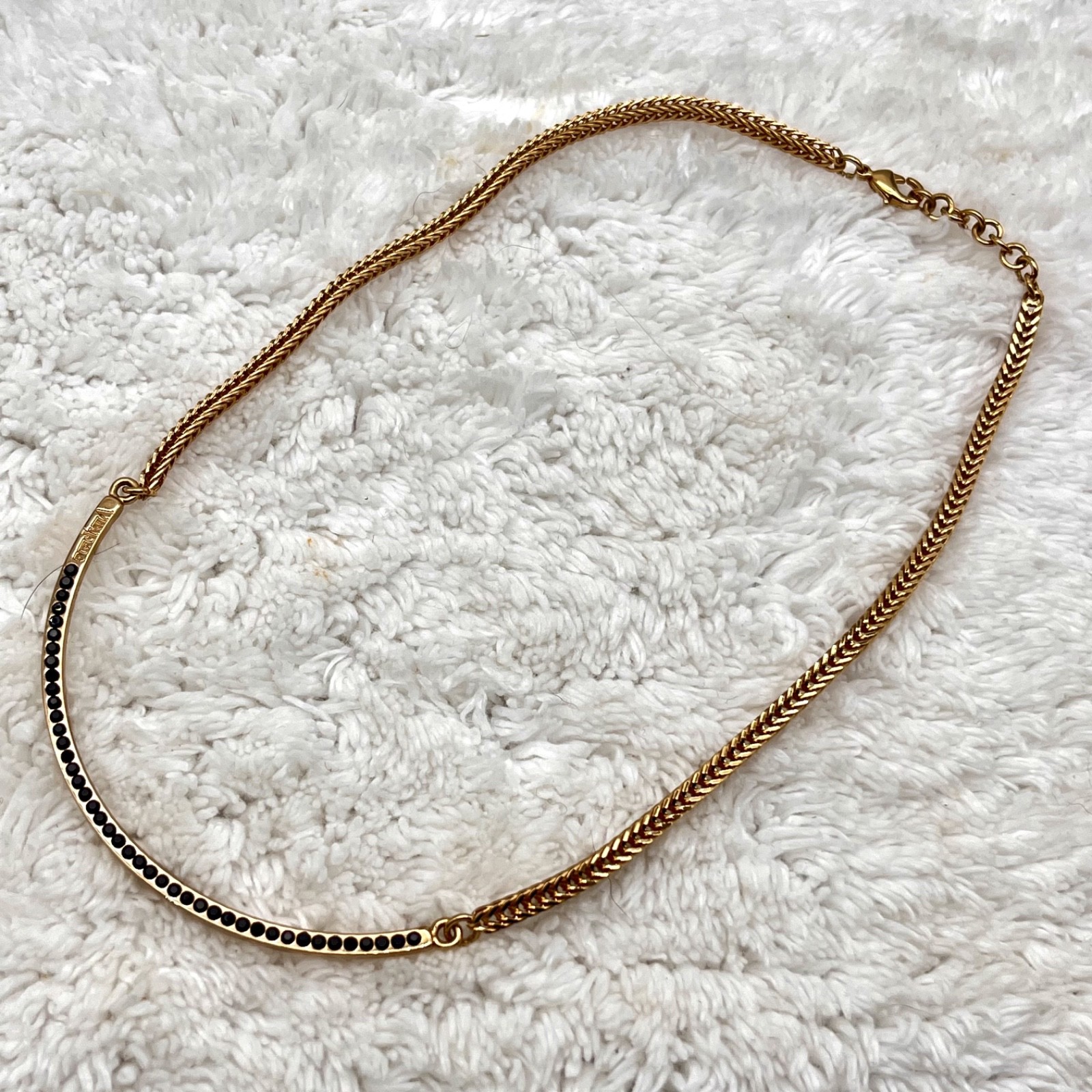 Vita Fede Half Moon Necklace Gold Tone Foxtail Chain Black Stones Signed 15″