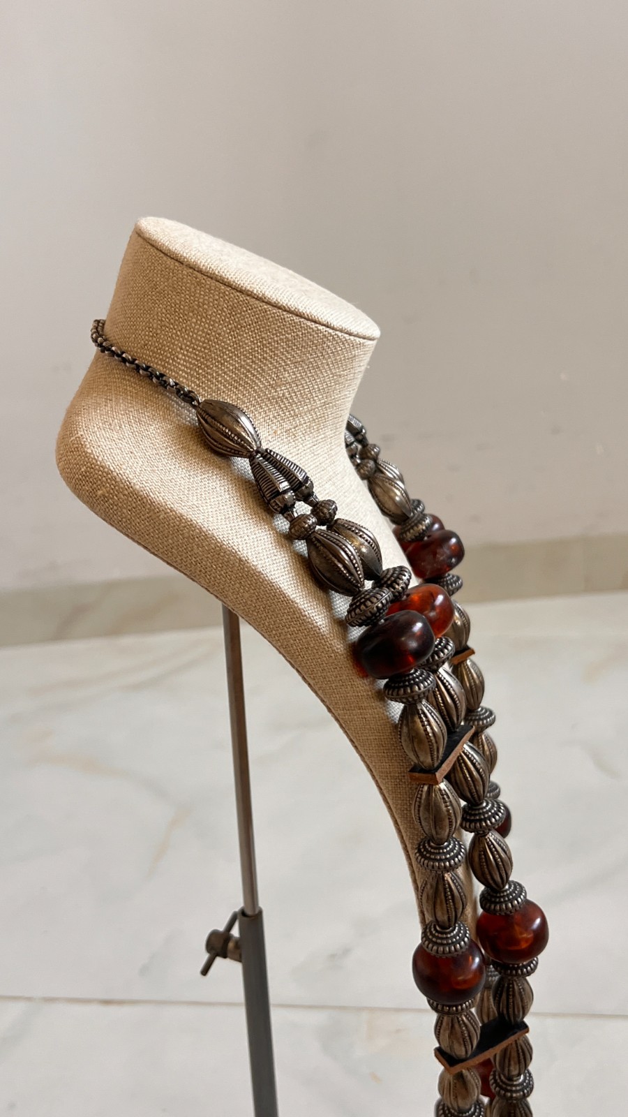 long statement double strands vintage silver necklace with amber and leather