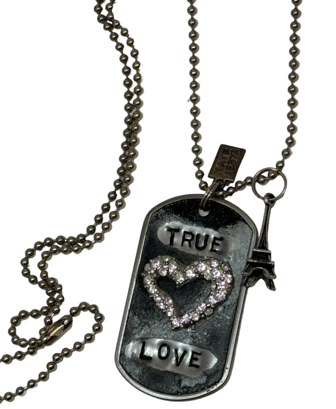 Kate Mesta TRUE LOVE Crystal Heart Paris Dog Tag Necklace Art to Wear New