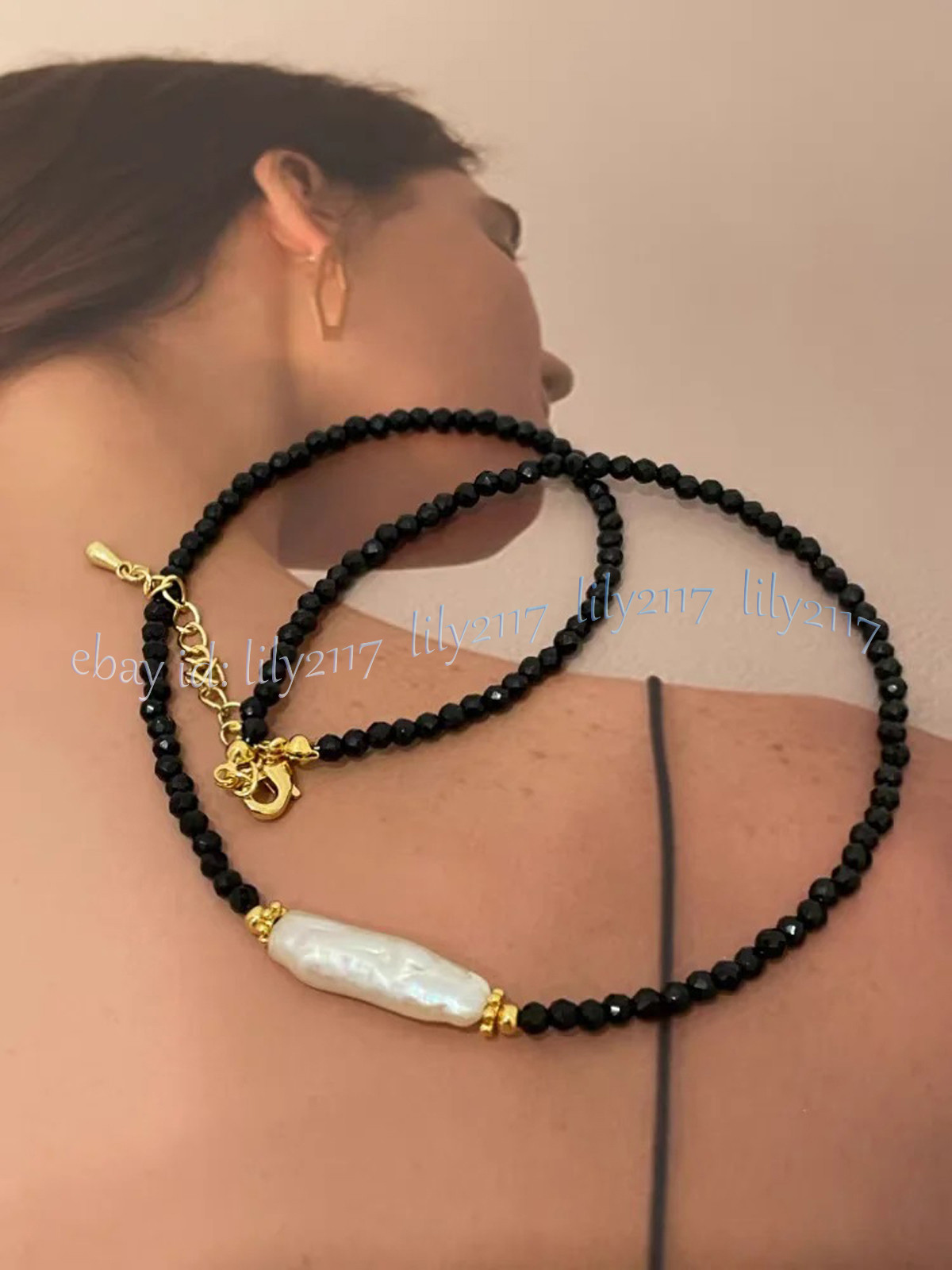 3mm Faceted Black Spinel Round Gems Natural White Baroque Stick Pearl Necklace