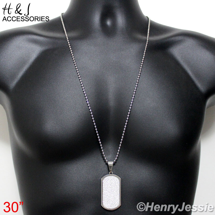 20″-30″MEN Stainless Steel 2.5mm Silver Beads Link Chain CZ Dog Tag Pendant*P43