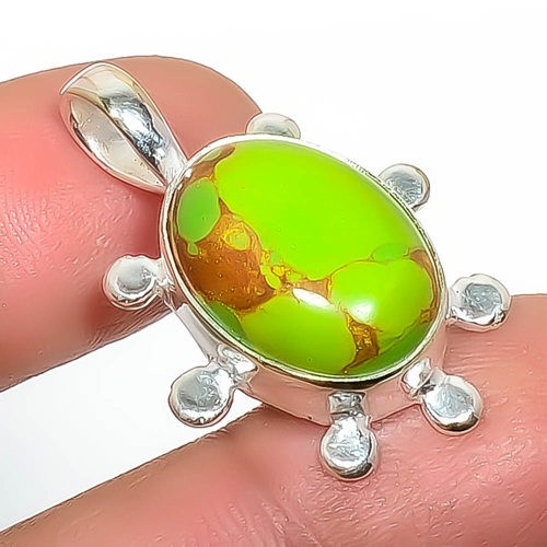 Copper Green Turquoise Gemstone 925 Silver Plated Pendant 1.37″ P7355-1