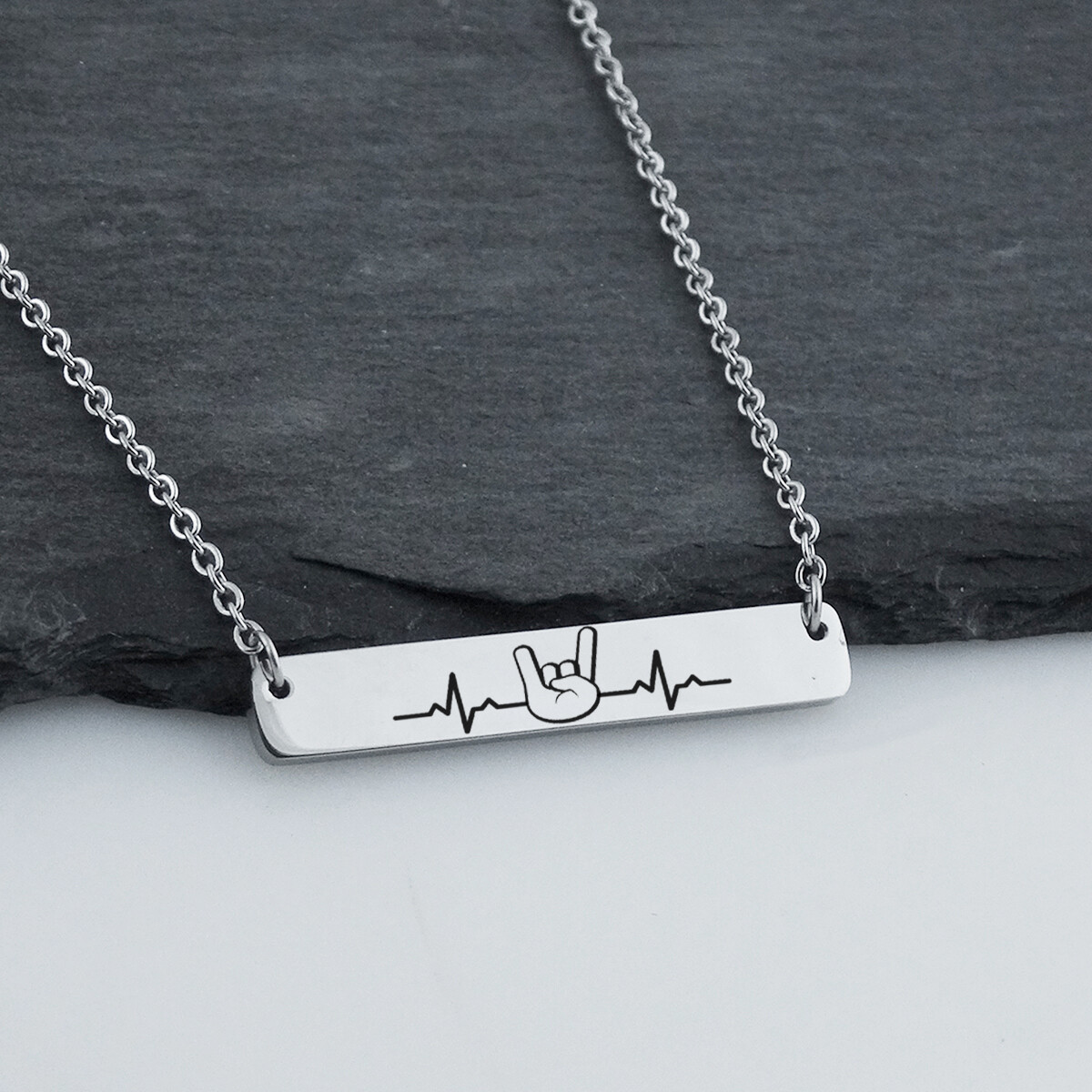 Rock n Roll Horns w/ Heartbeat Bar Necklace Stainless Steel Heavy Metal Music