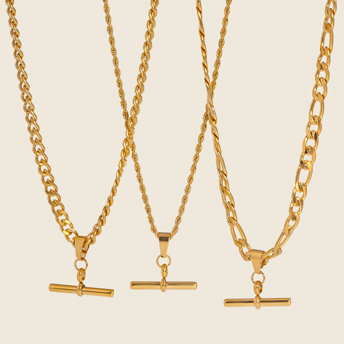 Hip Hop Punk Stainless Steel T-Bar Pendant Fried Dough Twists Chain Cuban Chain