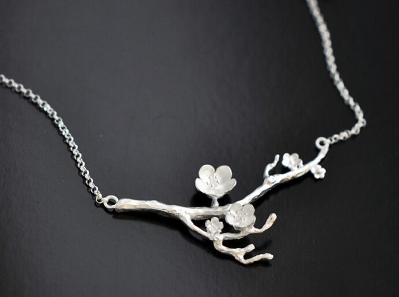 Silver Sakura Cherry Blossom Pendant Necklace Branch Chain Flower Gift Box S5