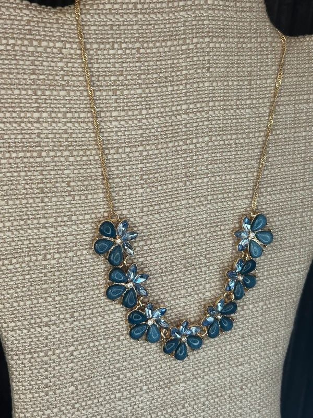 Gold Tone Blue Floral Cluster Statement Necklace Crystal Accents