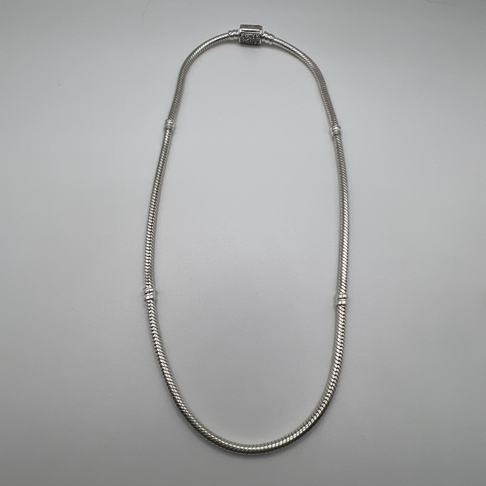 PANDORA Sterling Silver Snake Rope Chain Charm Necklace CZ Barrel Clasp 15.5”