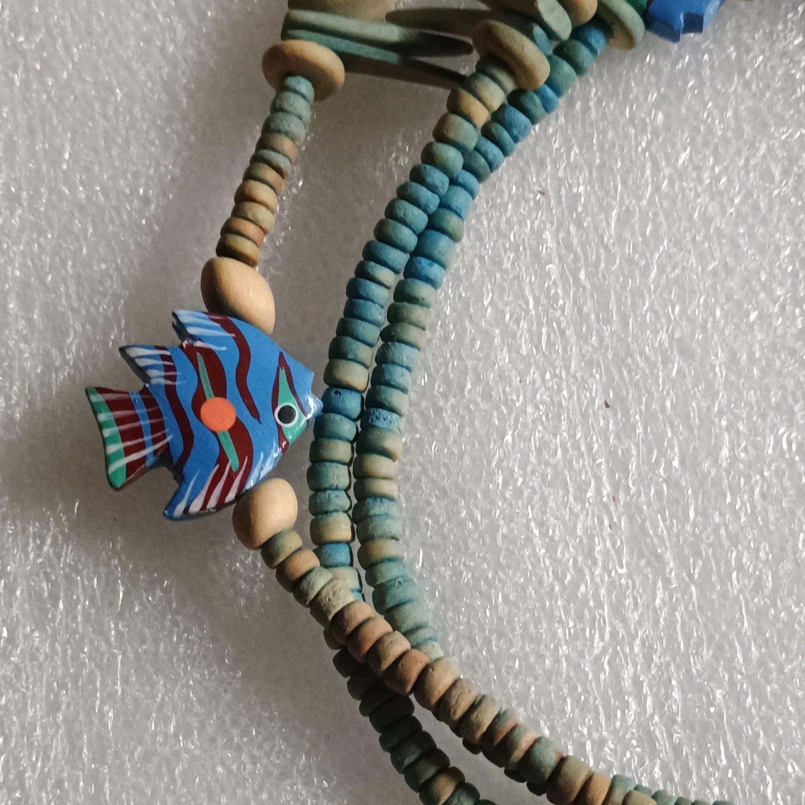 Multi-Strand Multicolor Beaded Necklace Blue Fish Charms Wood Metal Hook Closure