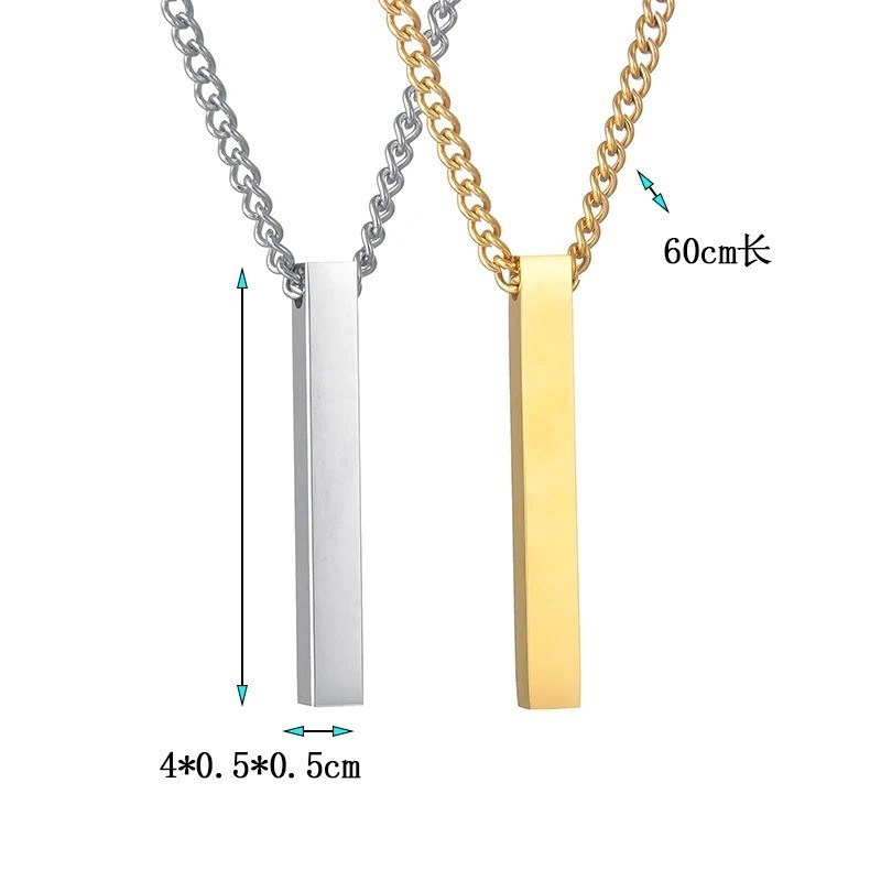 Stainless Steel Square Bar Pendant Necklace Men Women Blank Couple Jewelry